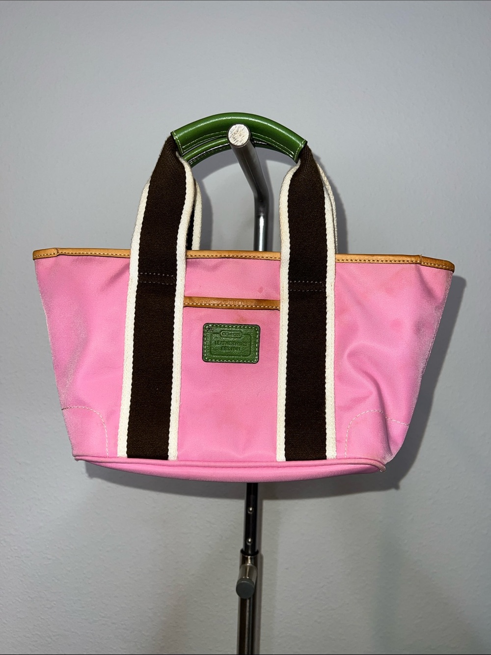 Coach Hamptons Pink Nylon Mini Tote with Green Leather Patch and Tan Trim